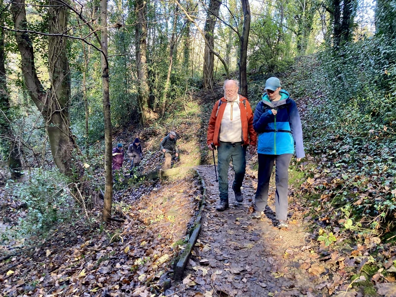 Two walkers ambling along in-front along a narrow level path at the top of the steps