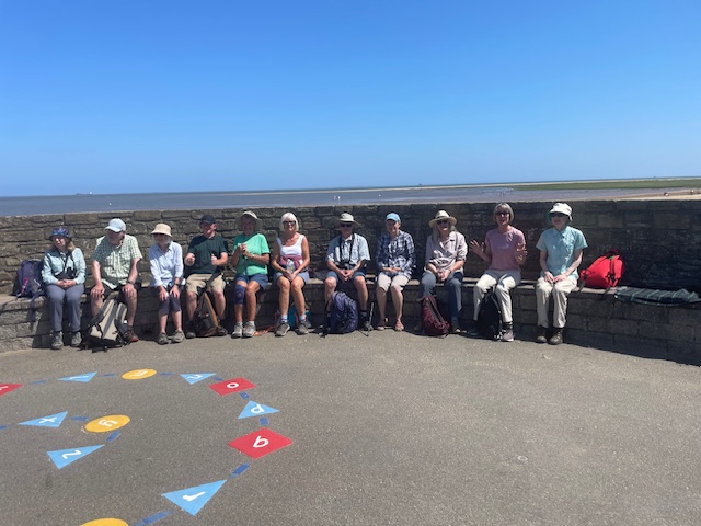 Members sit around a circular stone bench near the beach, many with hats on